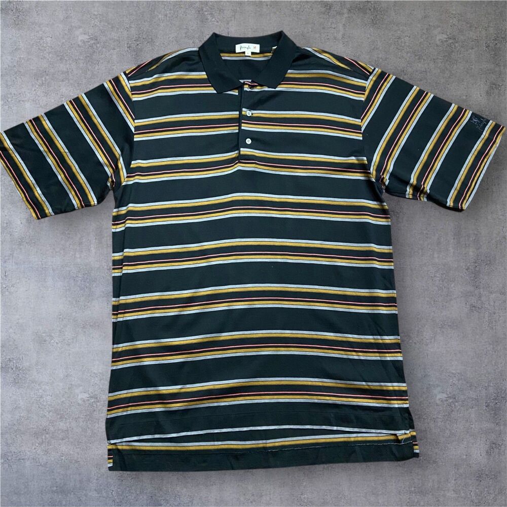 Pringle Vintage 90s Casual Fit Black Tan Striped Polo Shirt Cotton Men's Large